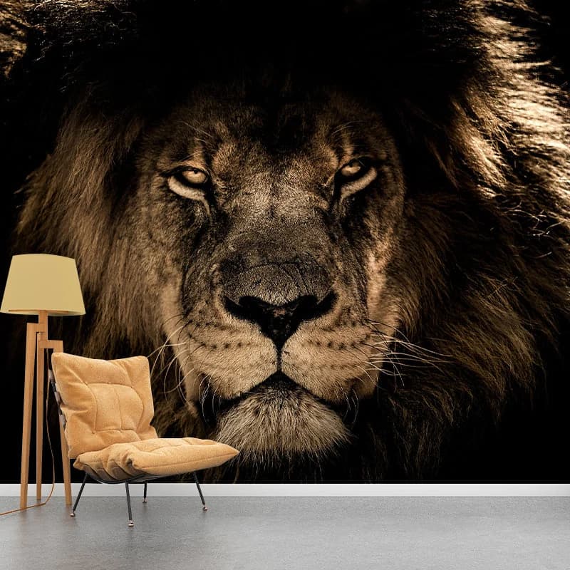 Large lion face wall mural in residential living room